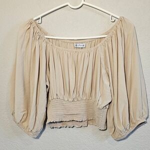 Women Beige Off Shoulder Smocked Balloon Sleeve Crop Top Boho Fairy Cottage M